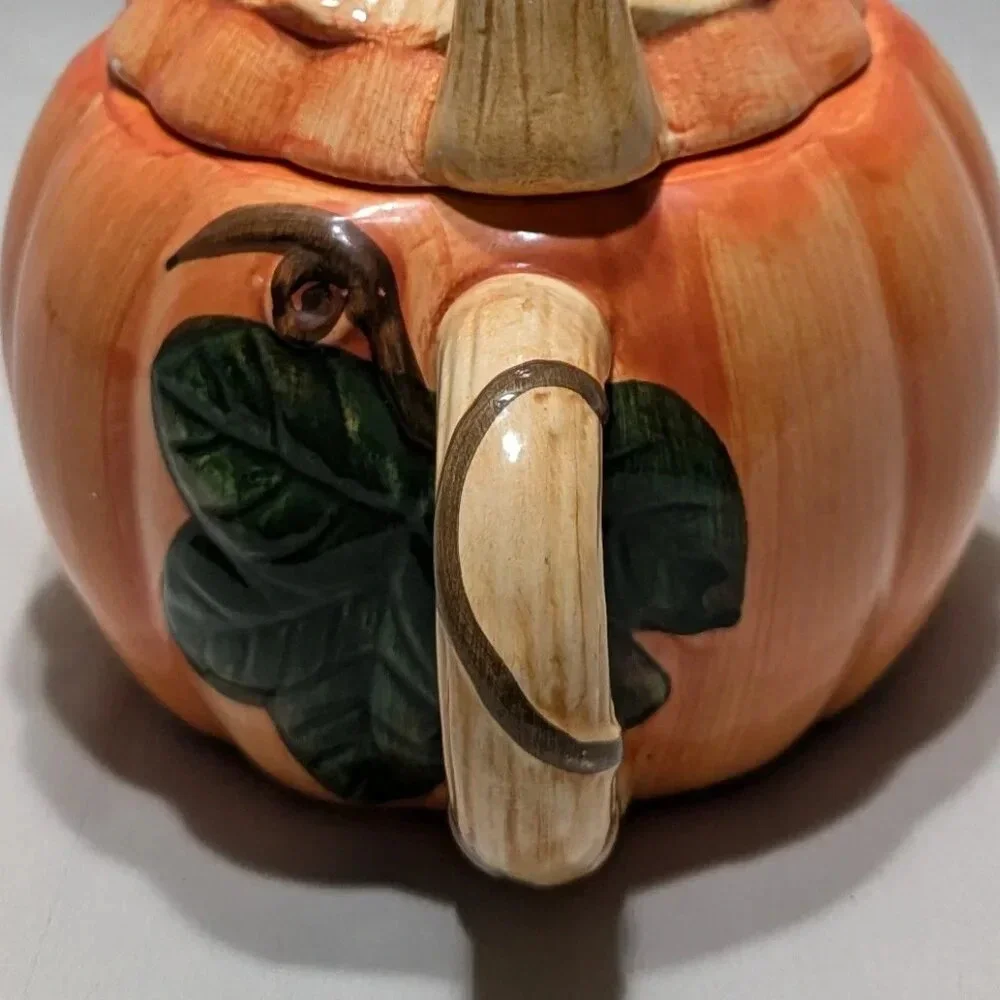 Vintage Ceramic Pumpkin Teapot with Lid and Leaf Detail  Beautiful
